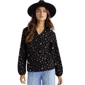Time & Tru Size XL Black Floral Corduroy Long Puff Sleeve Peasant Cottage Top